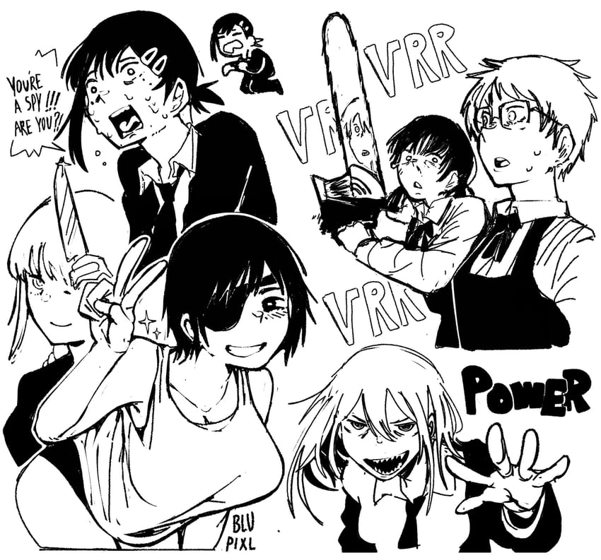 makima, power, denji, higashiyama kobeni, mitaka asa, and 2 more (chainsaw man) drawn by blupixl