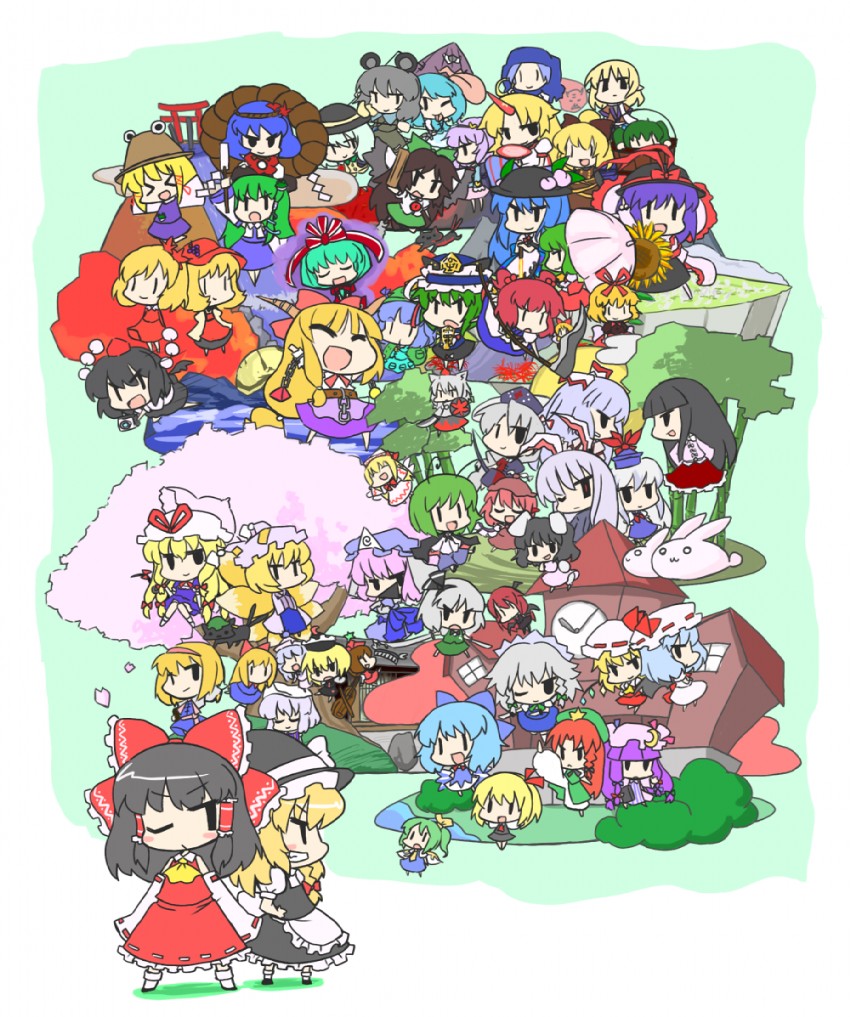 hakurei reimu, kirisame marisa, remilia scarlet, flandre scarlet, izayoi sakuya, and 55 more (touhou) drawn by nekoyama