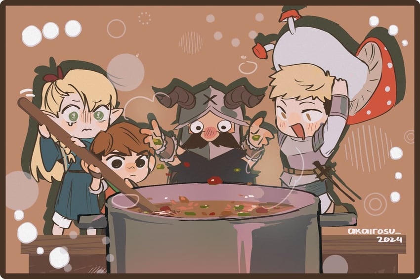 marcille donato, laios touden, senshi, and chilchuck tims (dungeon meshi) drawn by akairosu