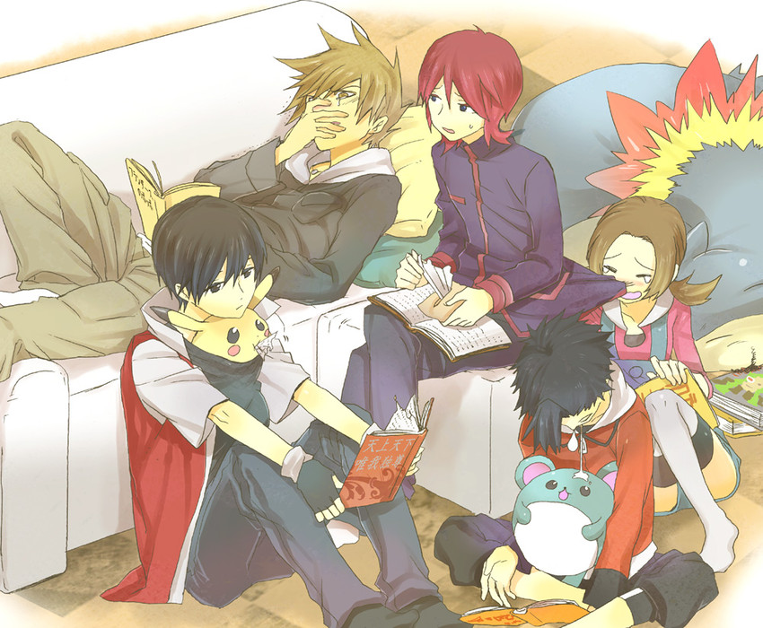 pikachu, red, ethan, blue oak, lyra, and 5 more (pokemon and 2 more) drawn by kuronomine