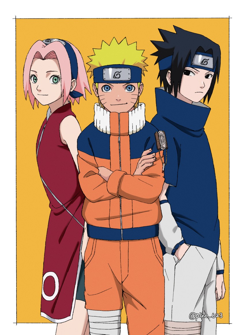 haruno sakura, uzumaki naruto, and uchiha sasuke (naruto) drawn by pinoko_(pnk623)
