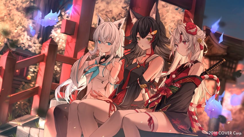 shirakami fubuki, ookami mio, nakiri ayame, shiranui, and karma (hololive) drawn by harui_(hr_x9_)