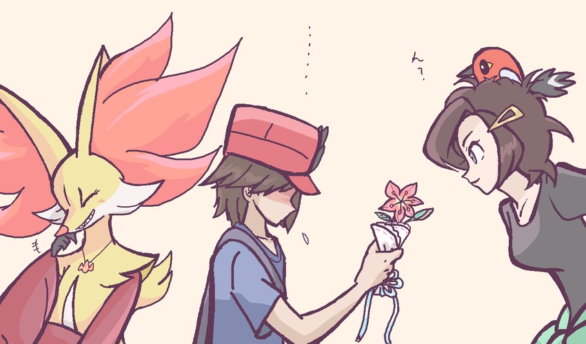 calem, delphox, fletchling, and grace (pokemon and 1 more) drawn by gardear058