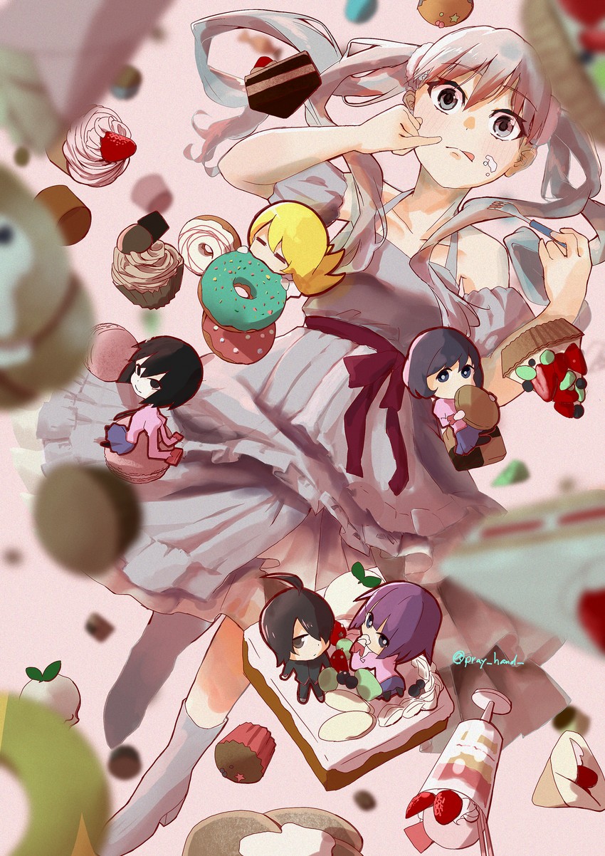 oshino shinobu, senjougahara hitagi, hanekawa tsubasa, araragi koyomi, oshino ougi, and 1 more (monogatari and 2 more) drawn by playhandwith