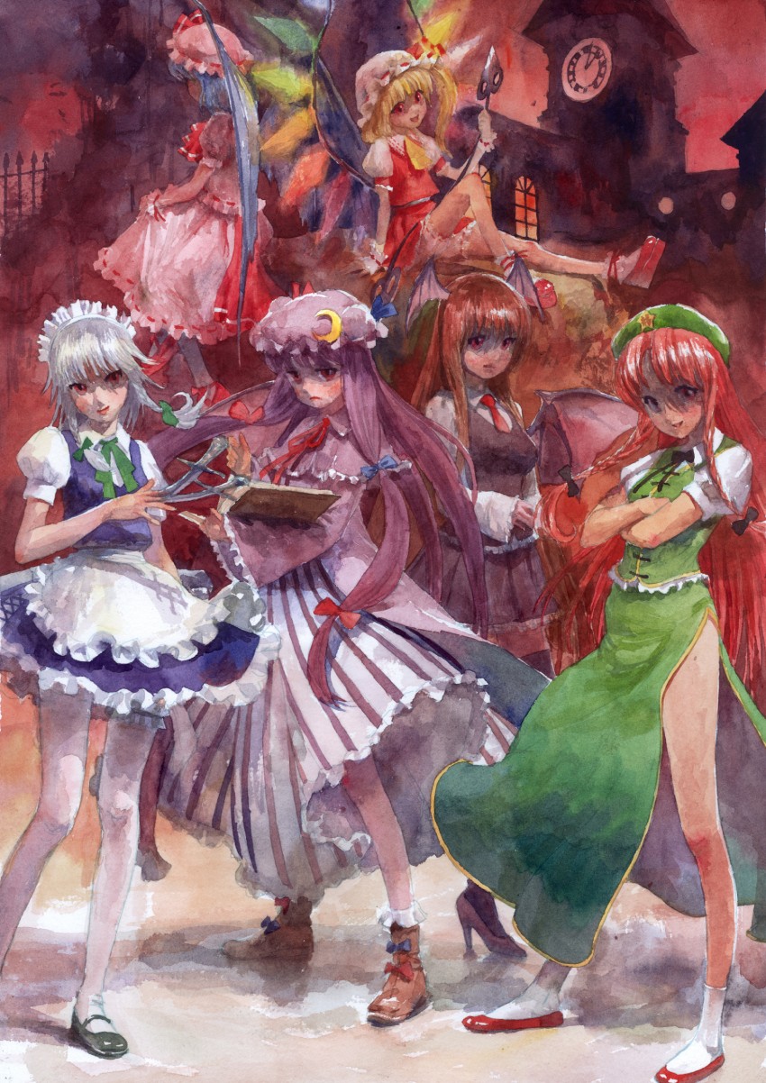 remilia scarlet, flandre scarlet, izayoi sakuya, patchouli knowledge, hong meiling, and 1 more (touhou) drawn by misawa_hiroshi