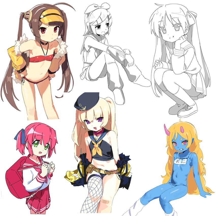 kagamine rin, hiiragi kagami, bache, ping hai, and kobayakawa yutaka (vocaloid and 2 more) drawn by jiryu50610218