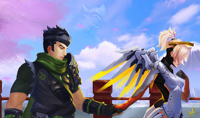mercy, genji, and sparrow genji (overwatch and 1 more) drawn by bihui_art