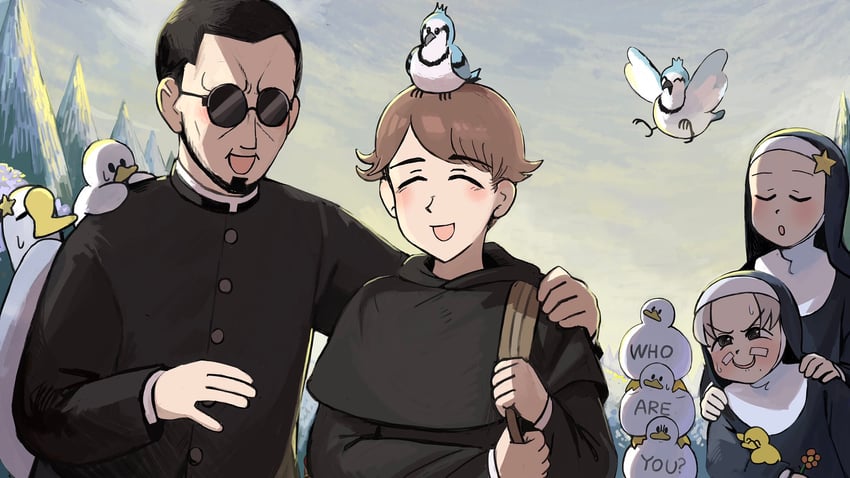 star nun, smug nun, father, and blue jay monk (little nuns) drawn by diva_(hyxpk)