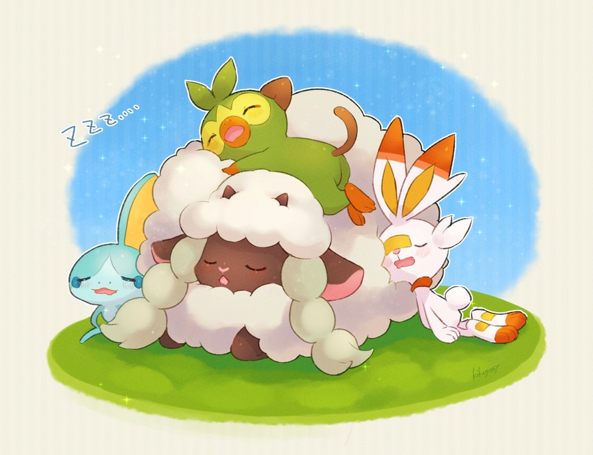 scorbunny, sobble, grookey, and wooloo (pokemon) drawn by kikuyoshi_(tracco)