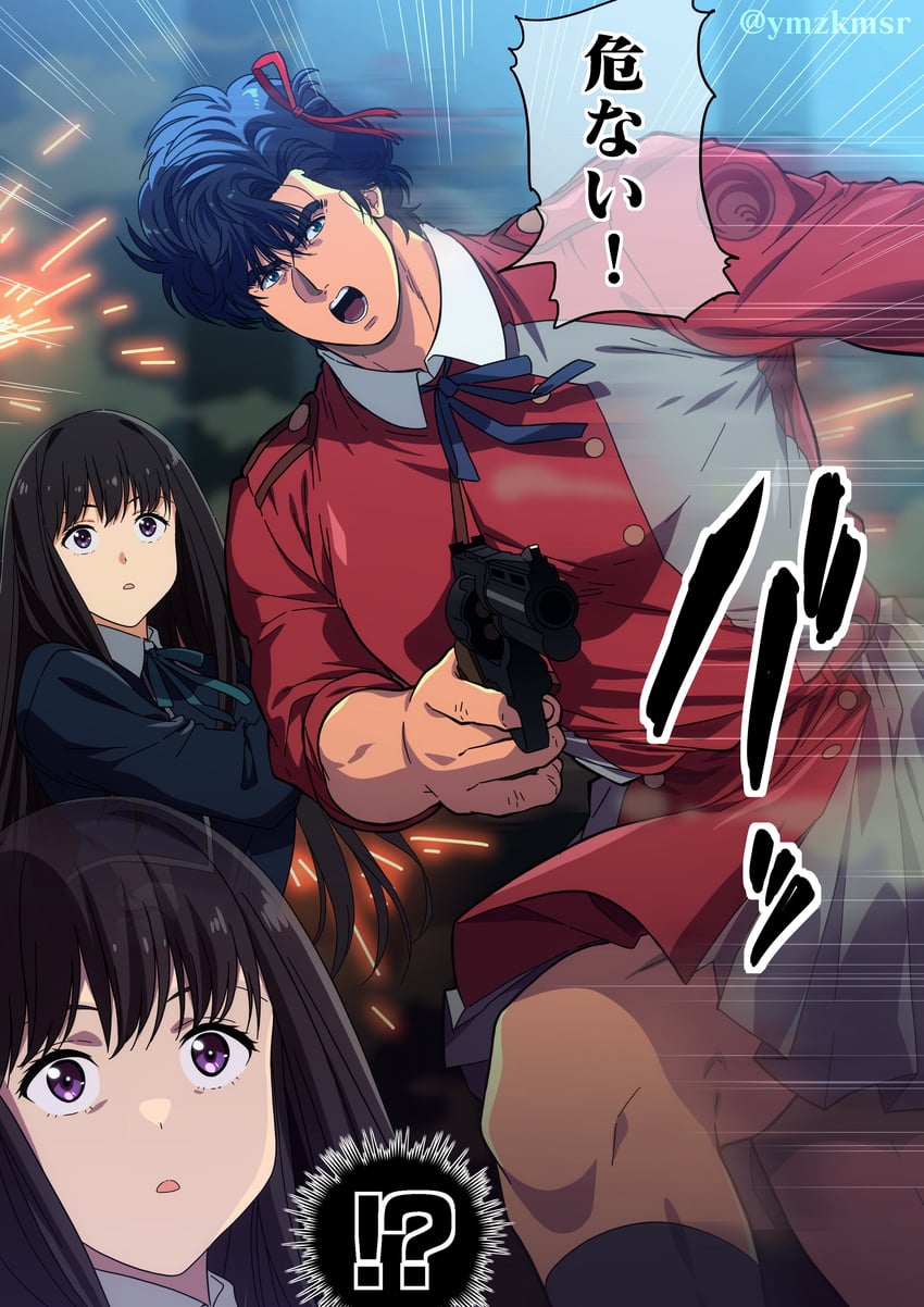 nishikigi chisato, inoue takina, and saeba ryou (lycoris recoil and 1 more) drawn by yuu_(masarunomori)