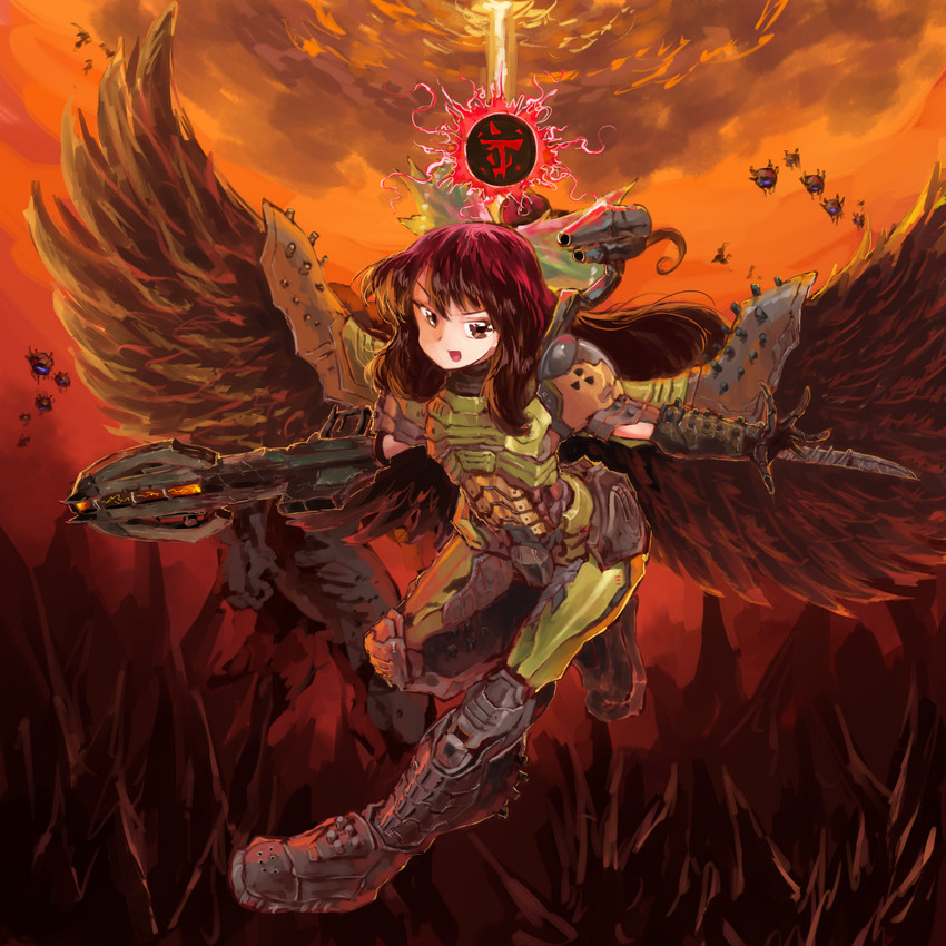 reiuji utsuho, doomguy, and cacodemon (touhou and 2 more) drawn by sunnysideup