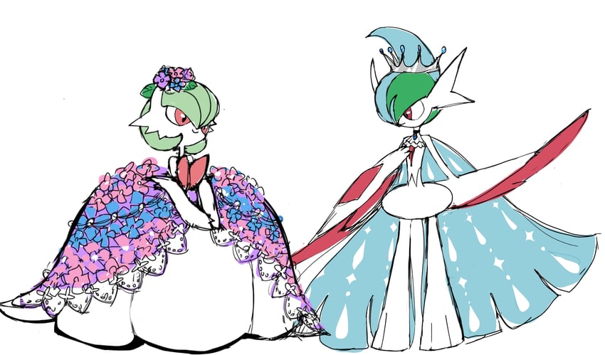 gardevoir, mega gardevoir, gallade, and mega gallade (pokemon) drawn by monya