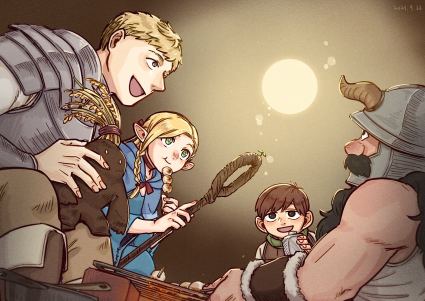marcille donato, laios touden, senshi, and chilchuck tims (dungeon meshi) drawn by eahsu1994