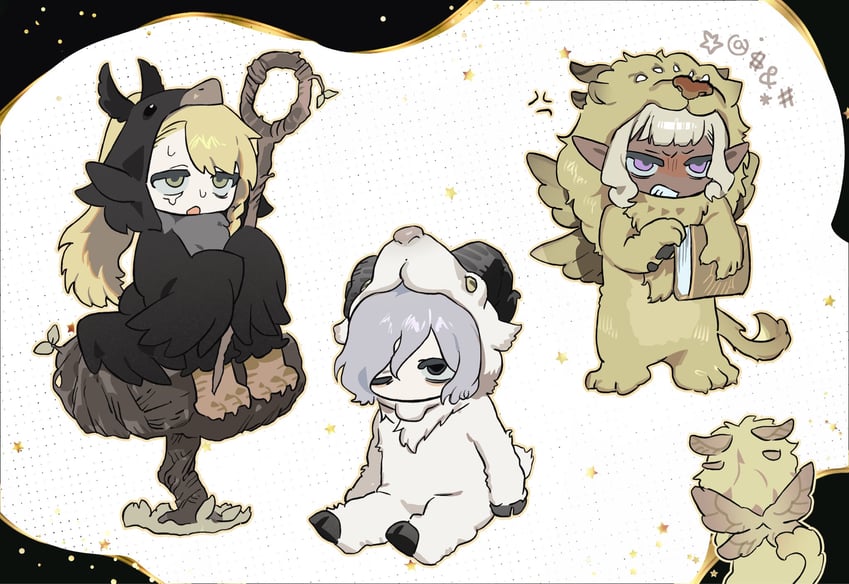marcille donato, mithrun, thistle, winged lion, and goat (dungeon meshi) drawn by gapamopa