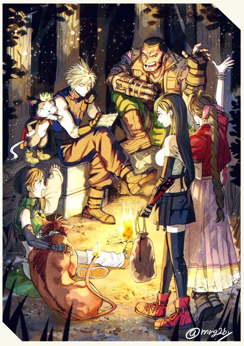 tifa lockhart, cloud strife, aerith gainsborough, yuffie kisaragi, barret wallace, and 2 more (final fantasy and 2 more) drawn by mrg2by