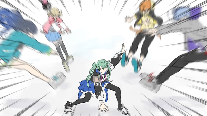 hatsune miku, shinonome akito, shiraishi an, aoyagi touya, azusawa kohane, and 1 more (vocaloid and 1 more) drawn by mikeimikei