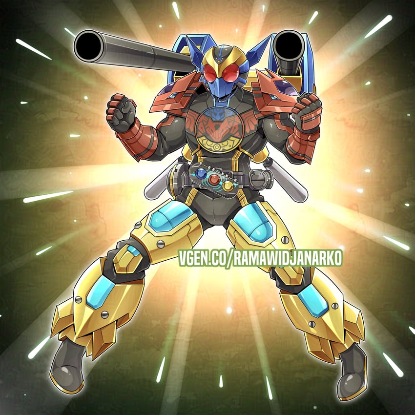 kamen rider ooo and xyz-dragon cannon (yu-gi-oh! and 2 more) drawn by ramawidjanarko2
