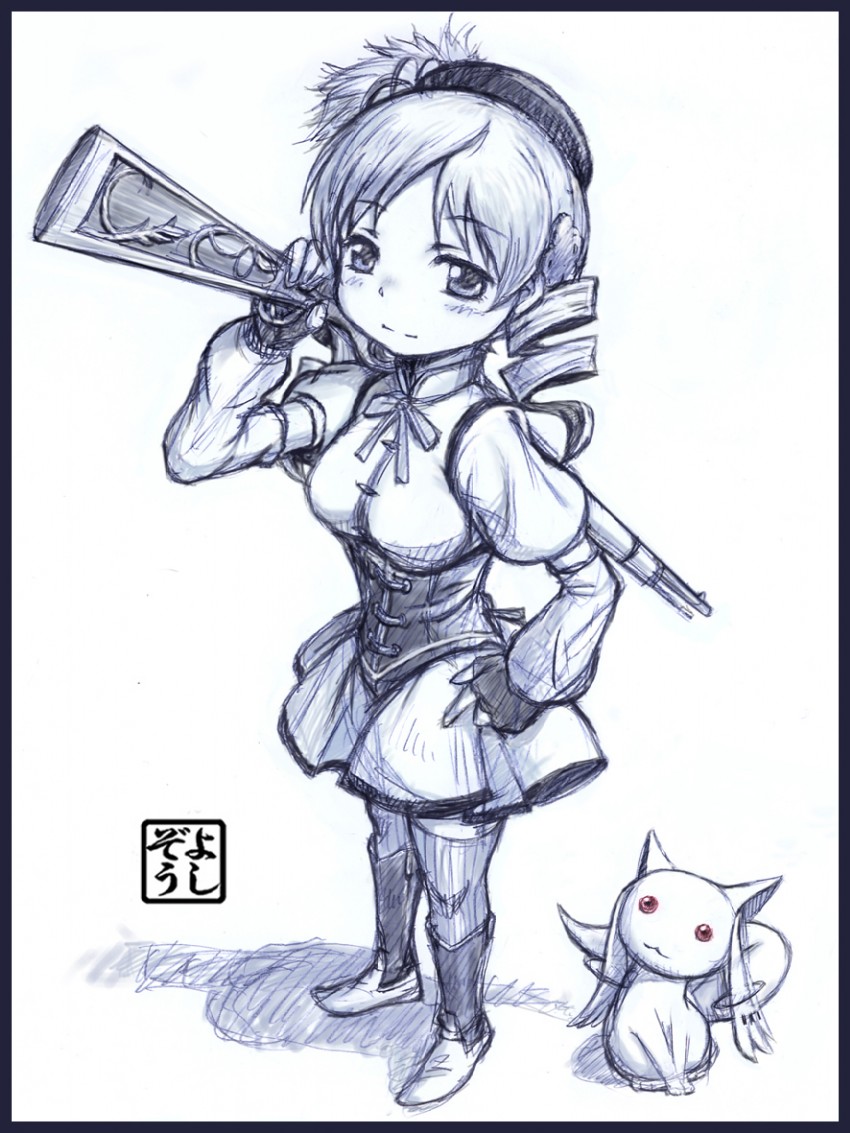 tomoe mami and kyubey (mahou shoujo madoka magica) drawn by yoshikawa_kazunori