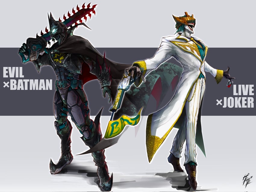 batman, joker, kamen rider evil, and kamen rider live (kamen rider and 3 more) drawn by zagizagi