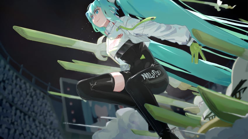 hatsune miku, racing miku, and sirfetch'd (pokemon and 2 more) drawn by asuka-w