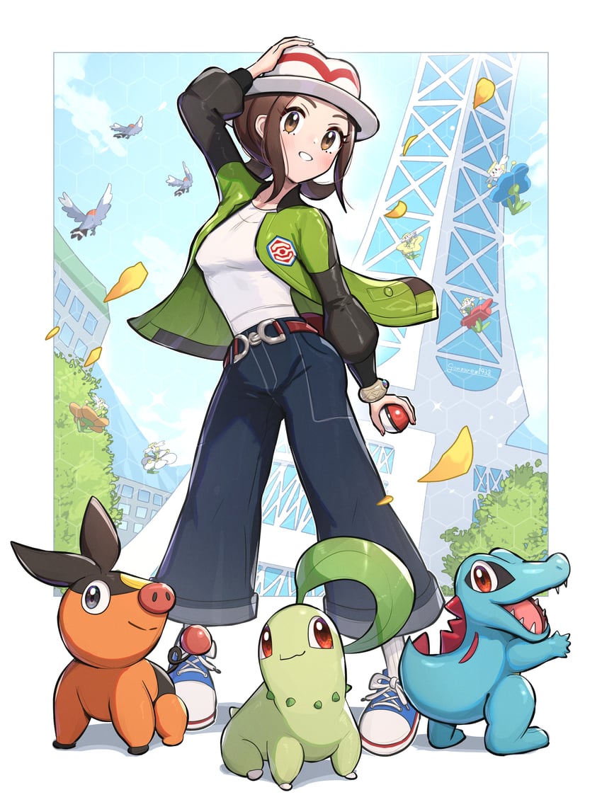 tepig, chikorita, totodile, fletchling, floette, and 1 more (pokemon and 1 more) drawn by gonzarez