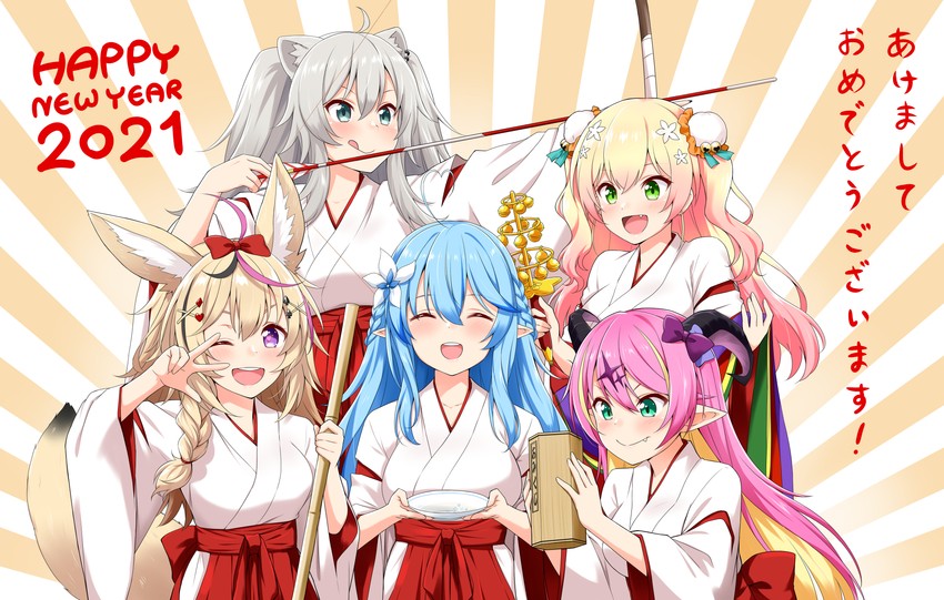 yukihana lamy, shishiro botan, omaru polka, momosuzu nene, and mano aloe (hololive) drawn by felutiahime
