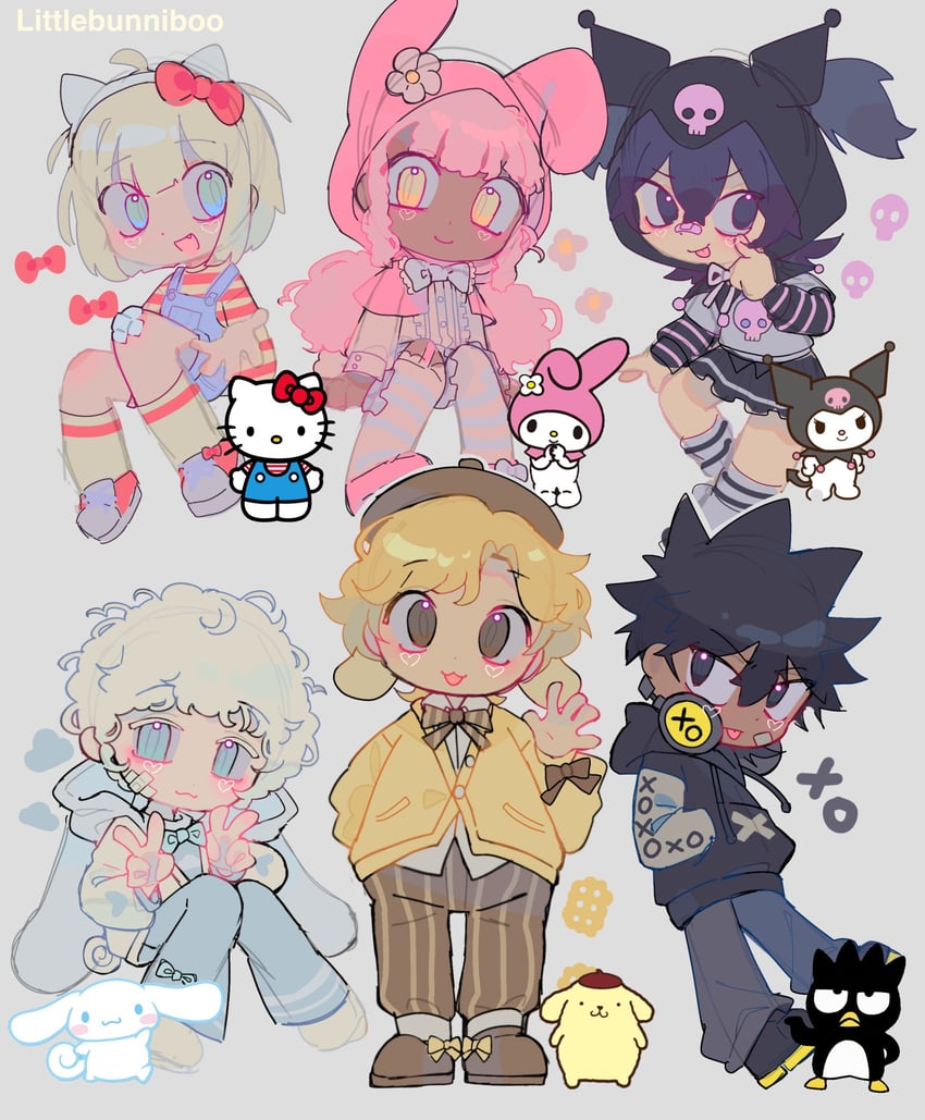 cinnamoroll, my melody, kuromi, hello kitty, pompompurin, and 1 more (sanrio and 2 more) drawn by littlebunniboo