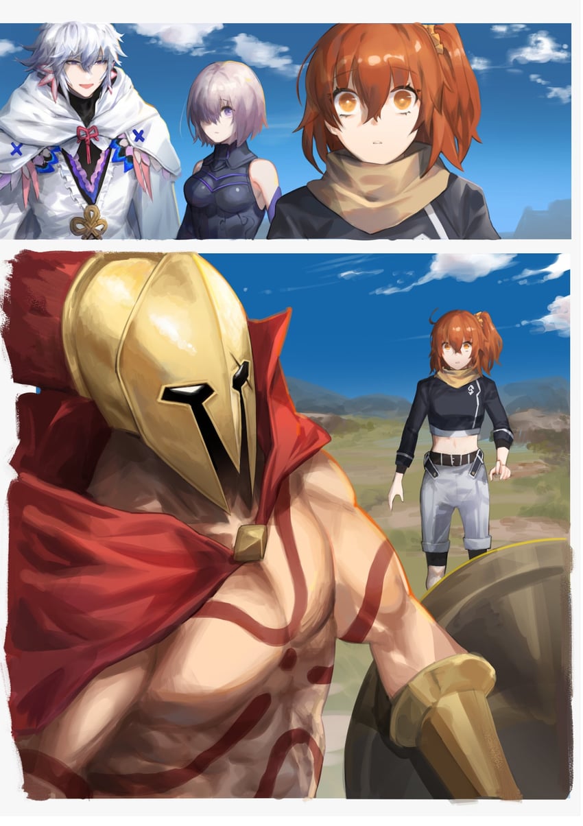 mash kyrielight, fujimaru ritsuka, merlin, and leonidas (fate and 1 more) drawn by isshiki_(1sshiki)