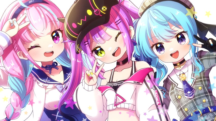 hoshimachi suisei, minato aqua, and tokoyami towa (hololive) drawn by mmmera827