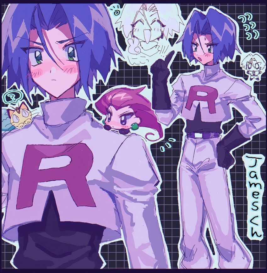 jessie, james, meowth, and wobbuffet (pokemon) drawn by ameya_(okemu_ame)