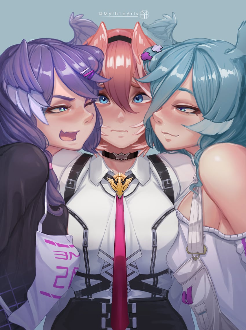 takane lui, elira pendora, and selen tatsuki (hololive and 2 more) drawn by myth1carts