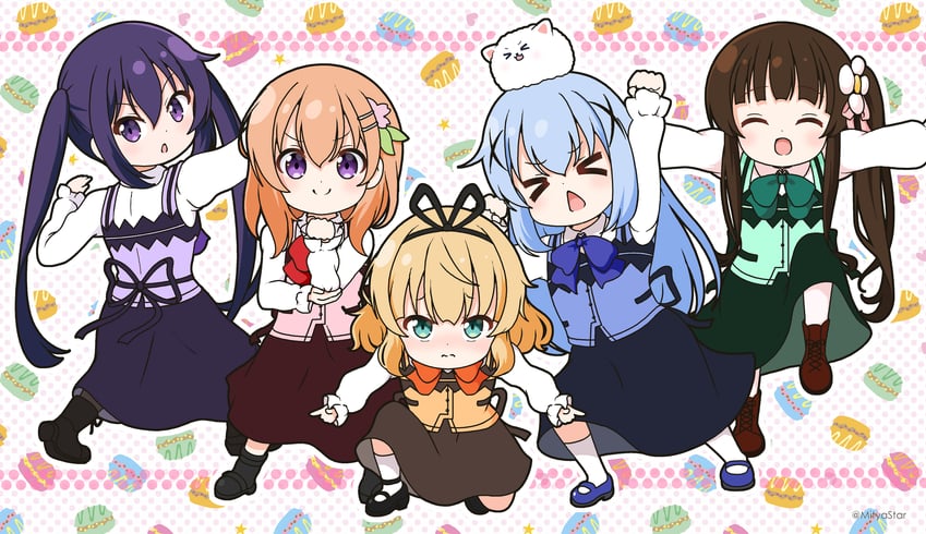 kafuu chino, hoto cocoa, kirima syaro, tippy, tedeza rize, and 1 more (dragon ball and 2 more) drawn by mitya