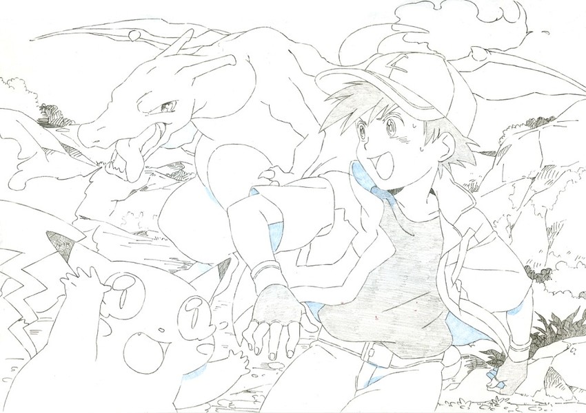 pikachu, ash ketchum, and charizard (pokemon and 1 more) drawn by taoru_(t_kiji)