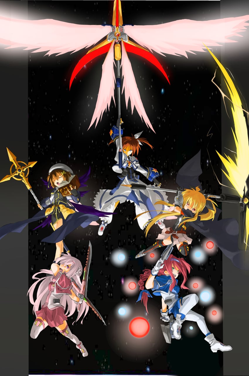 fate testarossa, takamachi nanoha, yagami hayate, raising heart, bardiche, and 5 more (lyrical nanoha and 4 more) drawn by bygddd5