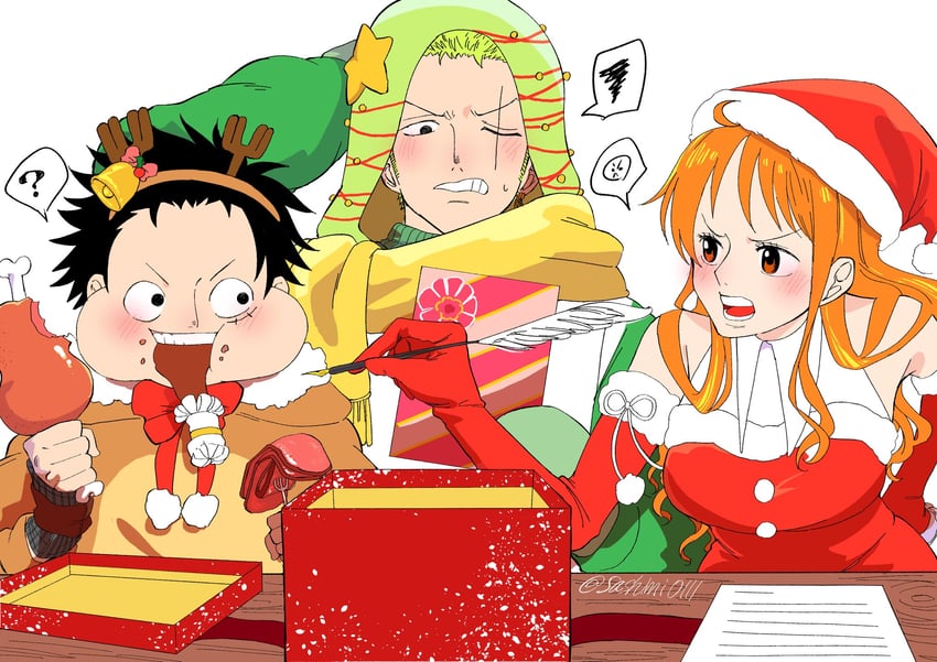 nami, monkey d. luffy, and roronoa zoro (one piece) drawn by sashimi0111