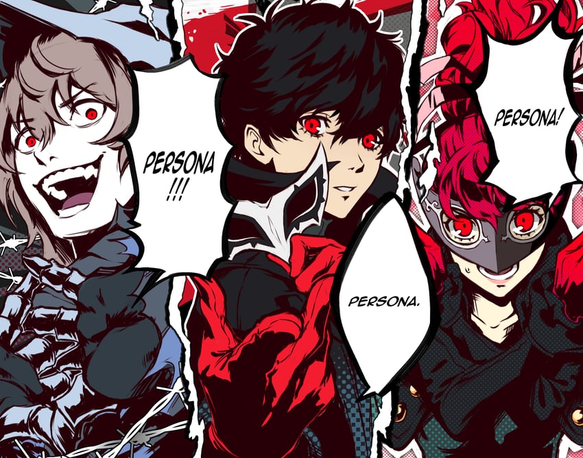 amamiya ren, yoshizawa kasumi, akechi gorou, joker, violet, and 1 more (persona and 3 more) drawn by andrich_galam