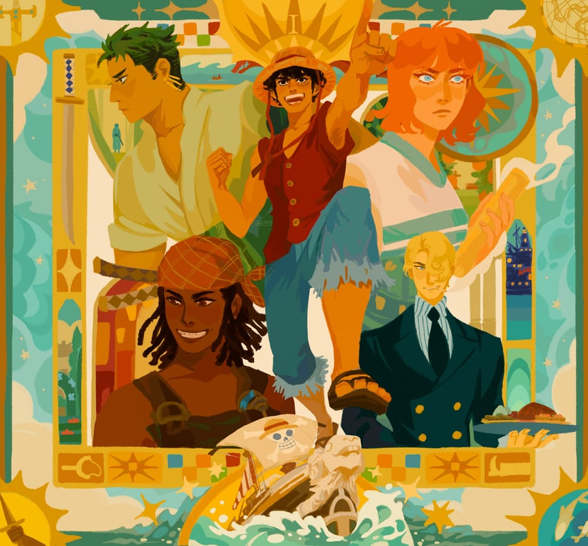 nami, monkey d. luffy, roronoa zoro, sanji, usopp, and 1 more (one piece) drawn by spearmintaii