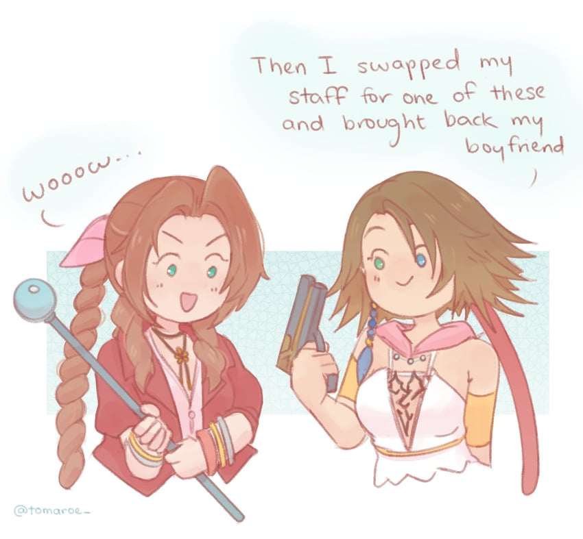 aerith gainsborough, yuna, and gunner (final fantasy and 4 more) drawn by tomaroe