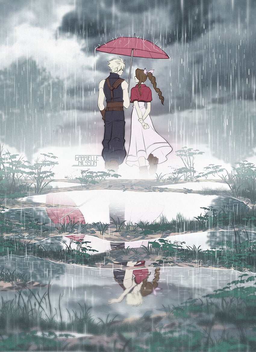 cloud strife and aerith gainsborough (final fantasy and 3 more) drawn by gabbinesss