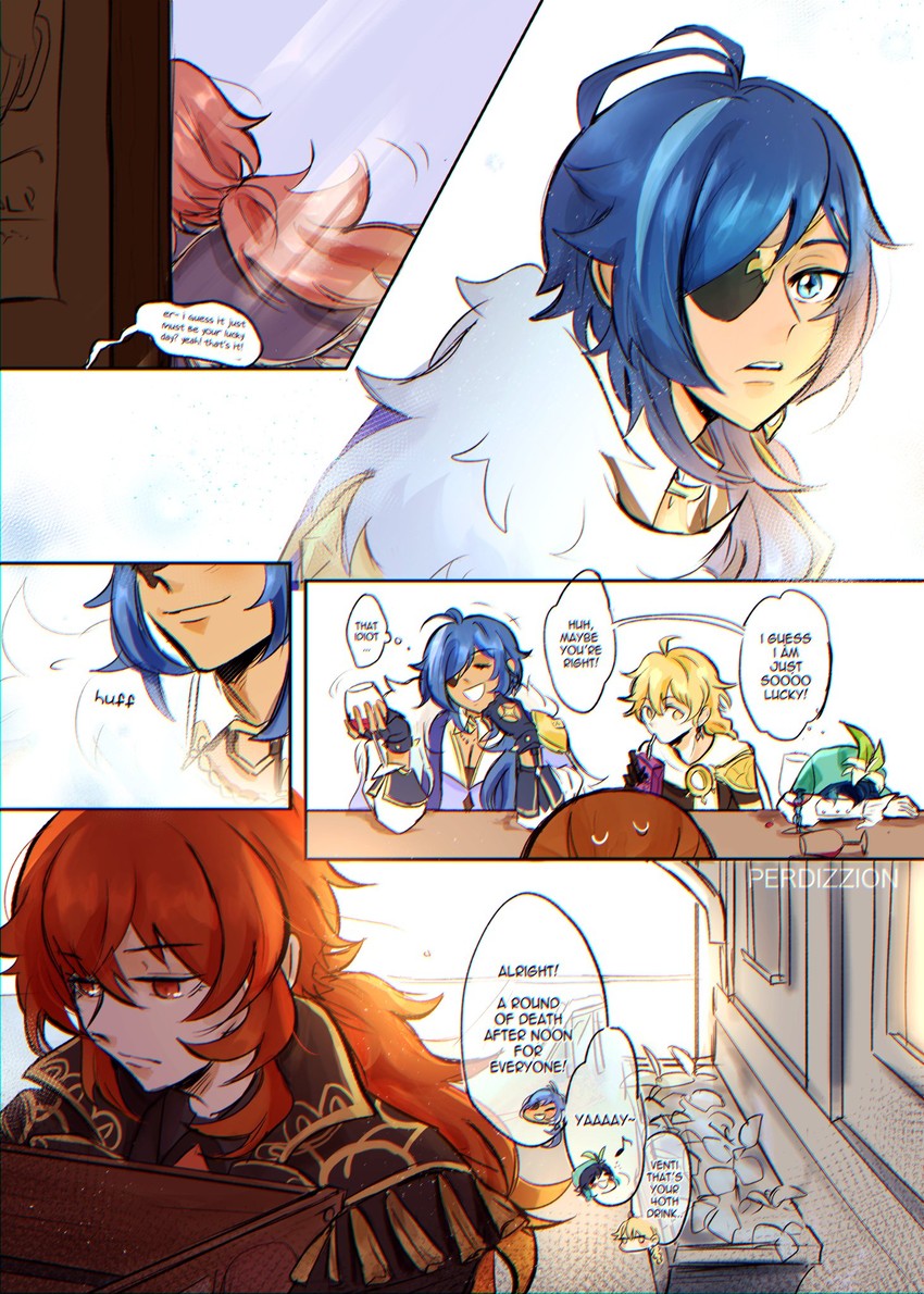 aether, venti, diluc, and kaeya (genshin impact) drawn by perdizzion