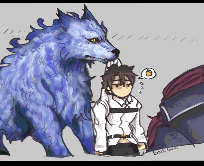 fujimaru ritsuka, lobo, and hessian (fate and 1 more) drawn by envysoda