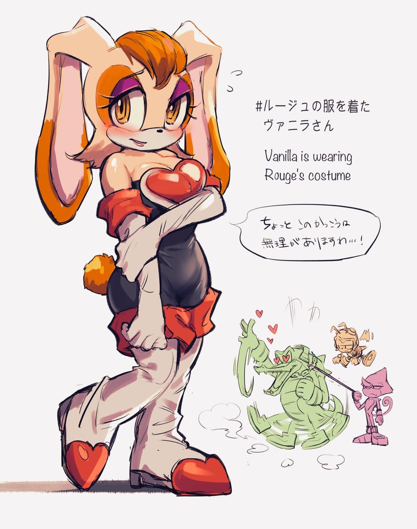 rouge the bat, vanilla the rabbit, espio the chameleon, vector the crocodile, and charmy bee (sonic) drawn by hashi84e