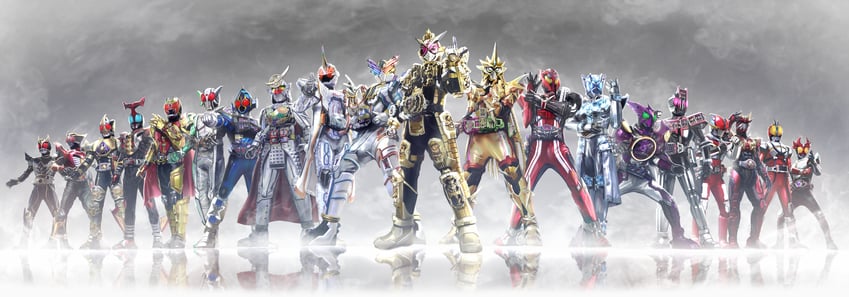 kamen rider decade, kamen rider double, kamen rider ooo, kamen rider faiz, kamen rider blade, and 20 more (kamen rider and 19 more) drawn by masukudo_(hamamoto_hikaru)