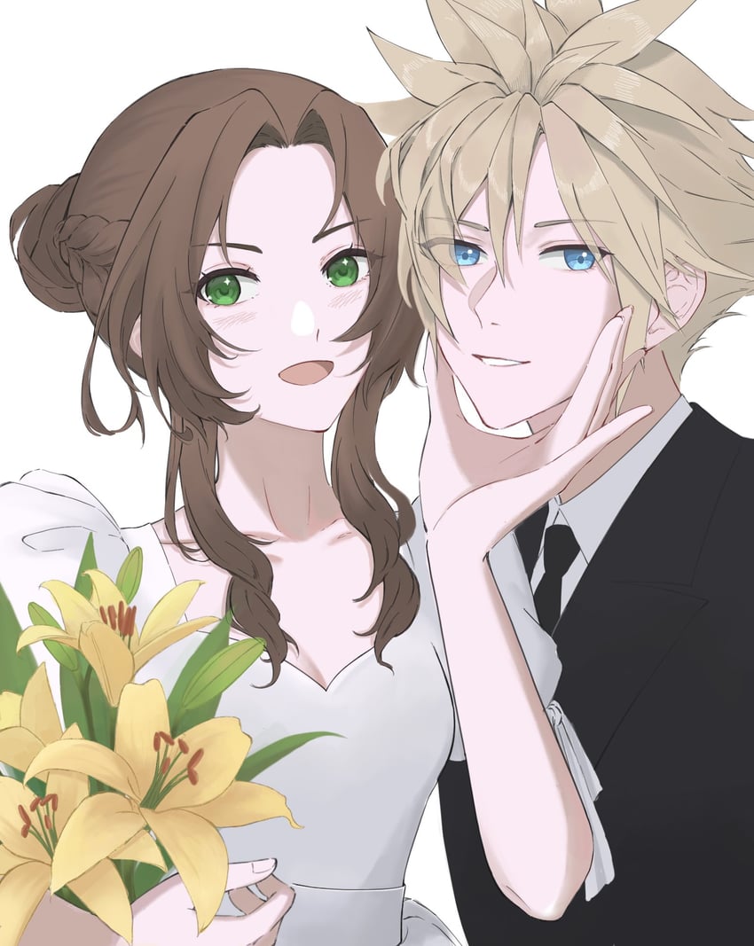cloud strife and aerith gainsborough (final fantasy and 2 more) drawn by ulshi09