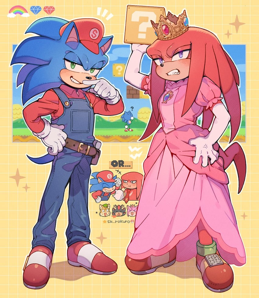 princess peach, mario, sonic the hedgehog, shadow the hedgehog, amy rose, and 3 more (mario and 1 more) drawn by sk_rokuro