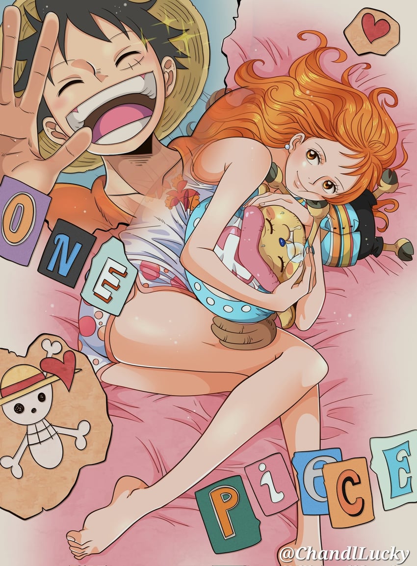 nami, monkey d. luffy, and tony tony chopper (one piece) drawn by chandllucky