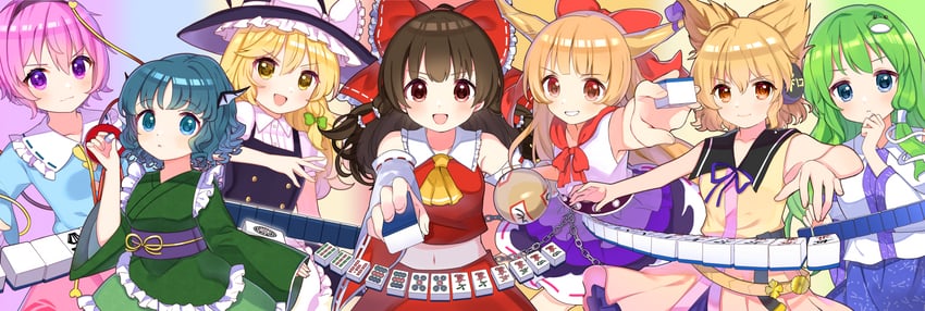 hakurei reimu, kirisame marisa, kochiya sanae, komeiji satori, ibuki suika, and 2 more (touhou and 1 more) drawn by caracorn