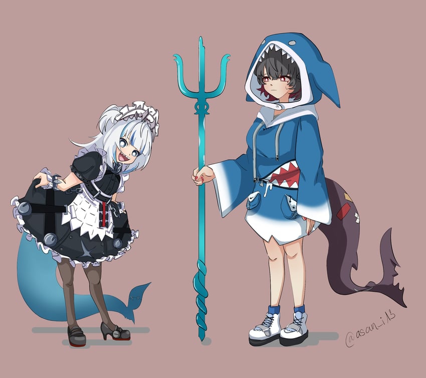 gawr gura and ellen joe (hololive and 2 more) drawn by rikko_(asan_i13)
