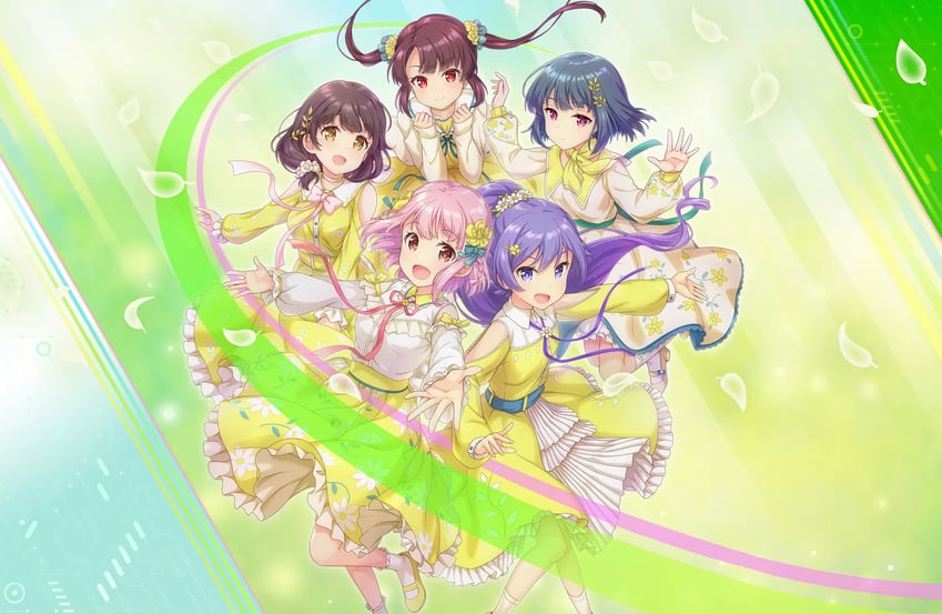 hoshizaki akari, takase rio, aihara tsubaki, shinonome tsumugi, and sakurai haruna (ongeki)
