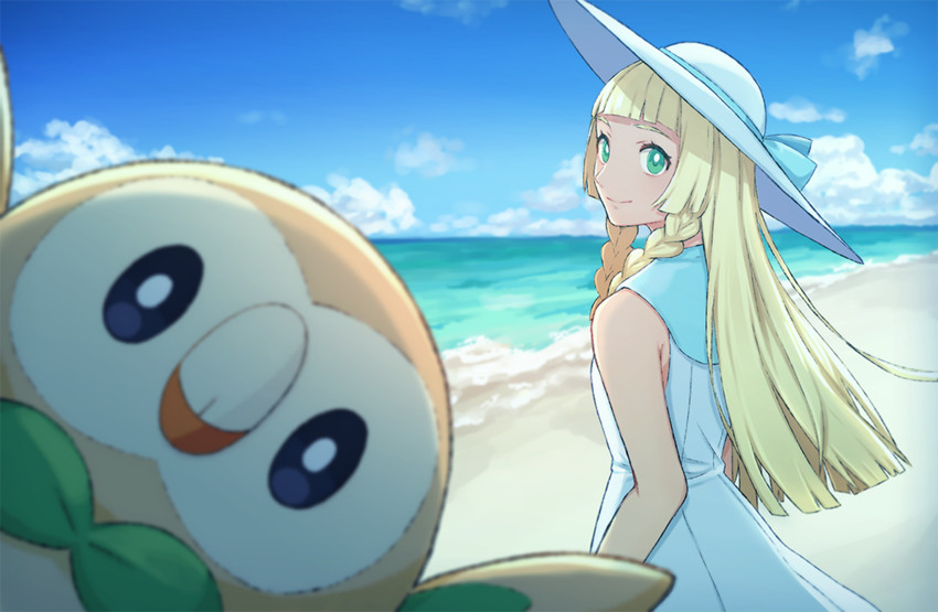 lillie and rowlet (pokemon and 1 more) drawn by saino_misaki